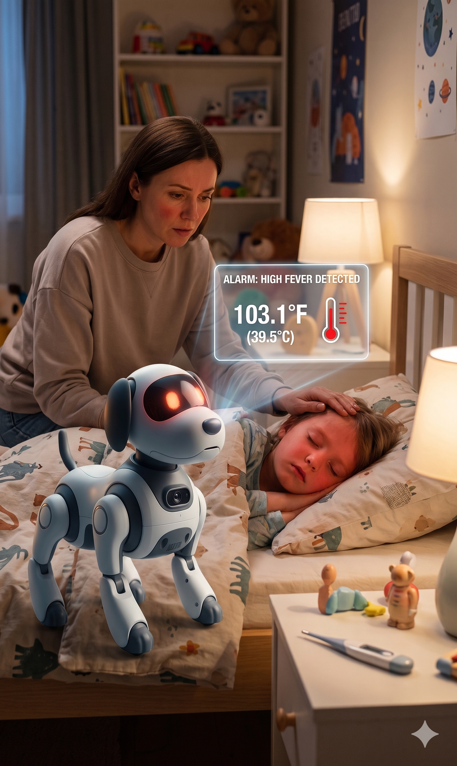 Robopaw detecting high fever in sleeping child